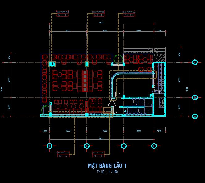 CAD, Sketcchup] Bản vẽ quán Cà phê 7x13.5m ( 1 hầm, 1 trệt, 2 lầu ...